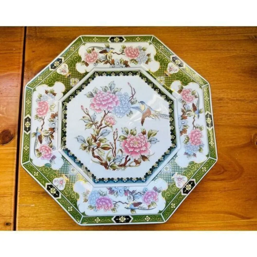 Vintage Octagon Green Dinner‎ Plate Peonies Bird AA Importing Co Made In Japan